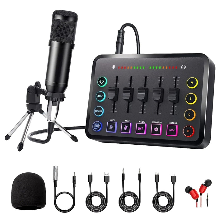 Podcast Mikrofon Set mit Mischpult, Streaming Mikrofon & RGB-Beleuchtung – Komplettes Podcasting Equ