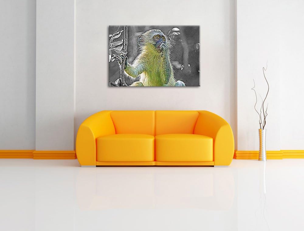 junges Äffchen auf Baum schwarz/weiss Deluxe Format: 100x70 cm auf Leinwand, XXL riesige Bilder fert