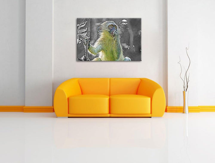 junges Äffchen auf Baum schwarz/weiss Deluxe Format: 100x70 cm auf Leinwand, XXL riesige Bilder fert