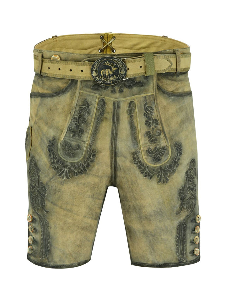 SiXsigma Sports Kurze Herren Trachten Lederhose mit Gürtel, Olive Meliert, Wildbockleder, Antik Okto
