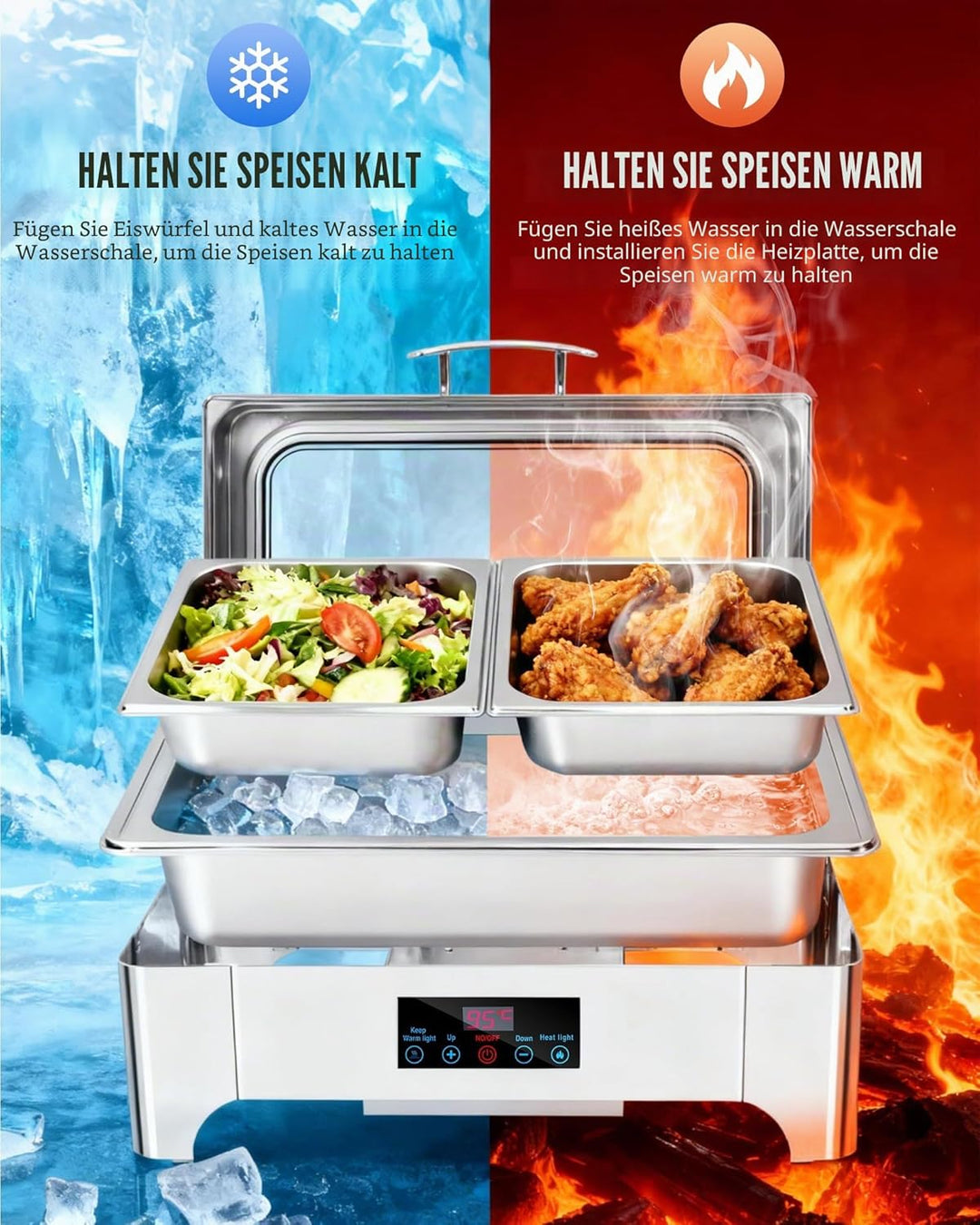 Chafing Dish Elektrisch, 9L Professioneller Speisenwärmer, Buffetwärmer mit Touchscreen Temperaturre