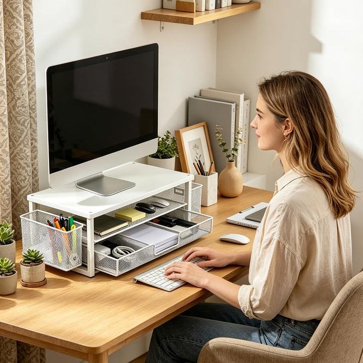 Monitorständer, Monitor Erhöhung Schreibtisch mit Schublade und Stifthaltern, 2-stufiger ergonomisch