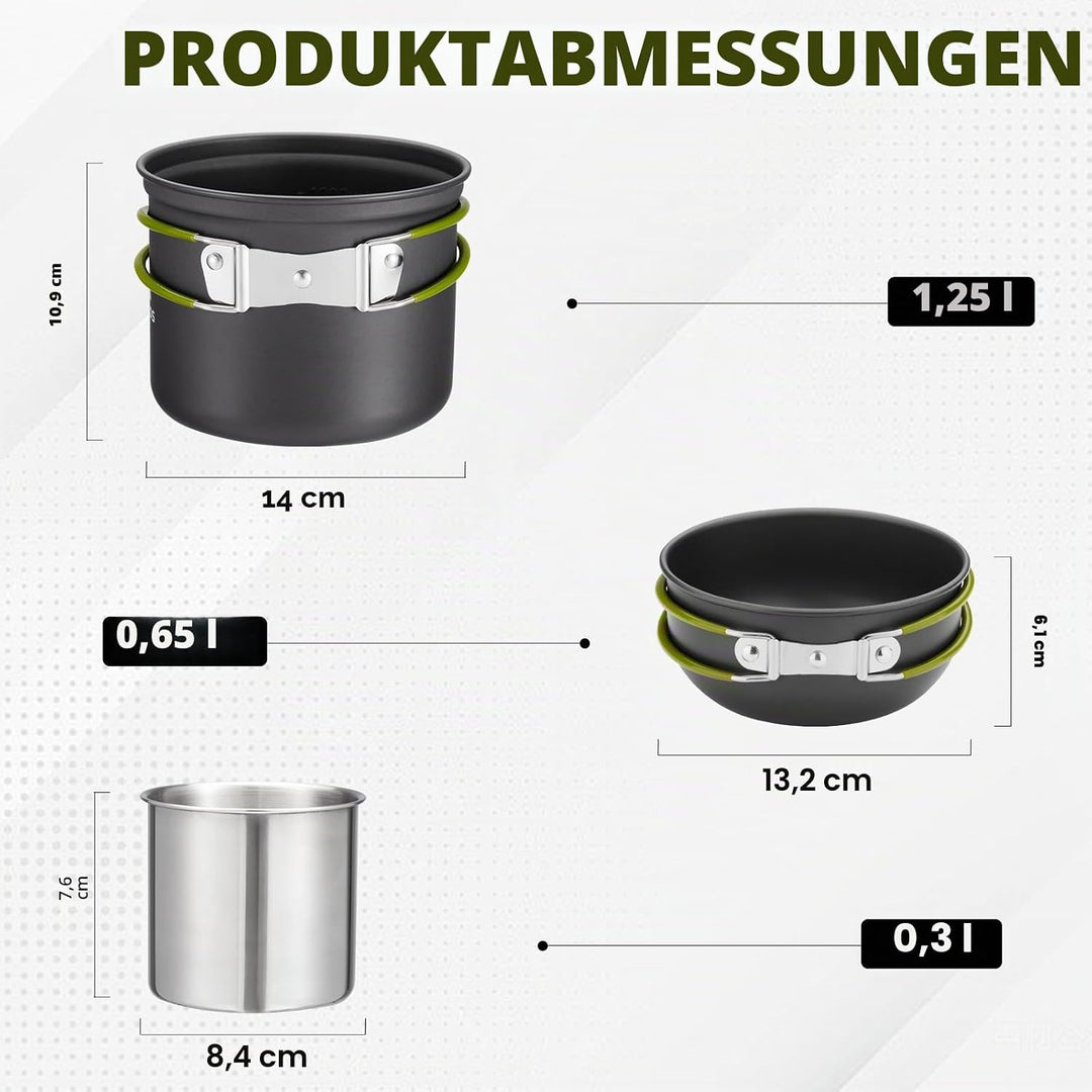Outdoor Kochgeschirr Set Camping – 1,25L Topf & 0,65L Pfanne mit 0,3L Edelstahlbecher – Leichtes, Ro