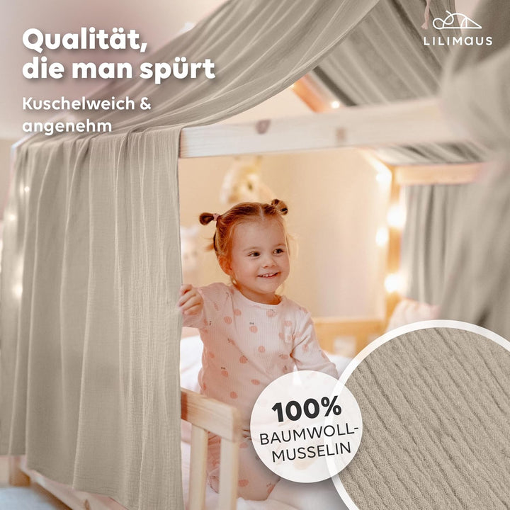 lilimaus Hausbett Himmel - 100% Baumwolle Betthimmel aus Musselin - Hausbett Deko - Geschenk Mädchen