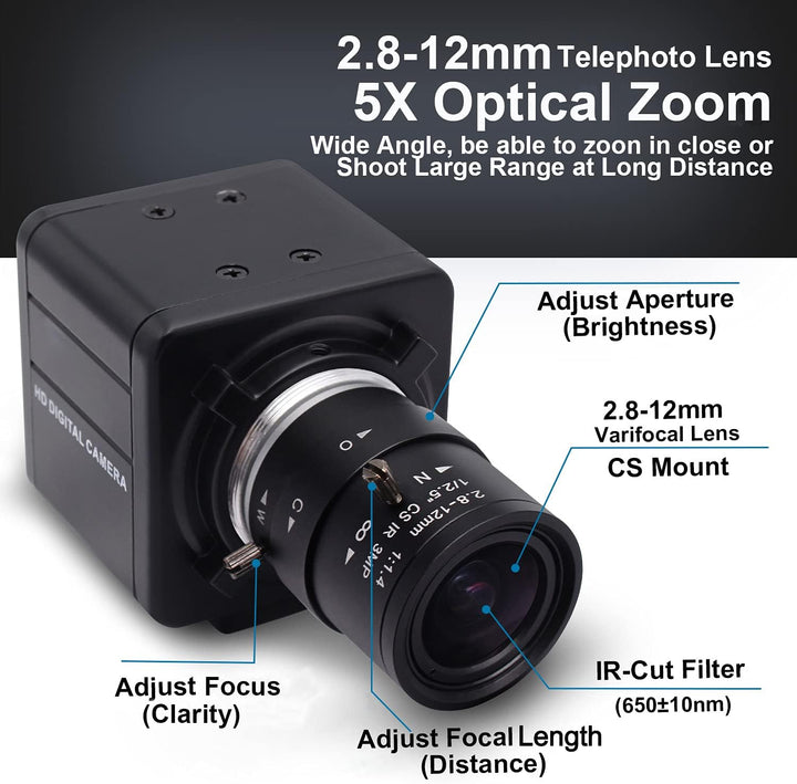Svpro USB Kamera mit Zoom 2.8-12mm Varifokalobjektiv, 5MP Manueller Fokus HD USB Webcam Mini Kamera