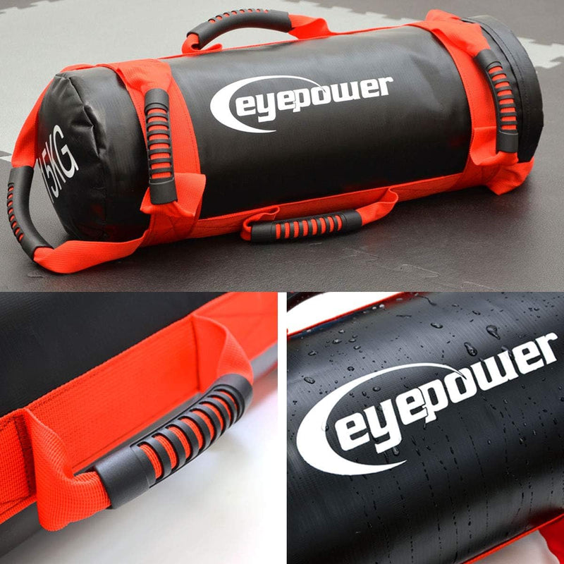 EYEPOWER 15kg Power Bag + 4 Kettlebell Gewichte - Befüllt mit Eisensand - Besser als Geräte: 6 Griff