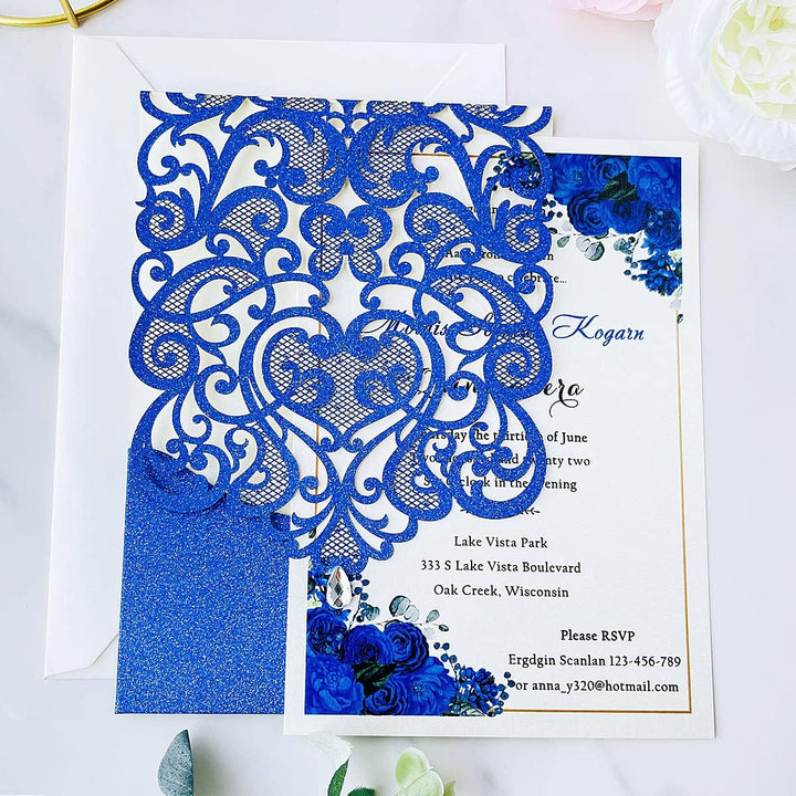 Hosmsua 20x Blau Glitzer Hochzeit EinladungsKarten Lasercut Rose Spitze Wasserdiamant Hochzeitseinla