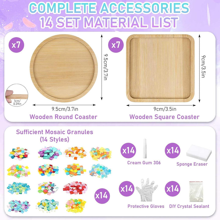 OGMBI 14er Set Mosaik Bastelset Untersetzer, DIY Mosaiksteine Untersetzer Set Mit Glasfliesen & Holz