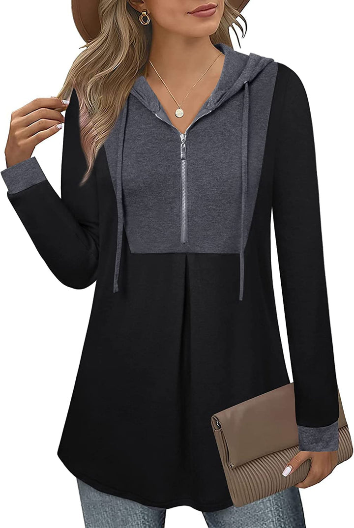Siddhe Pullover Damen Hoodie 1/4 Zip Farbblock Sweatshirt Kapuzenpullover Tunika mit Reissverschluss