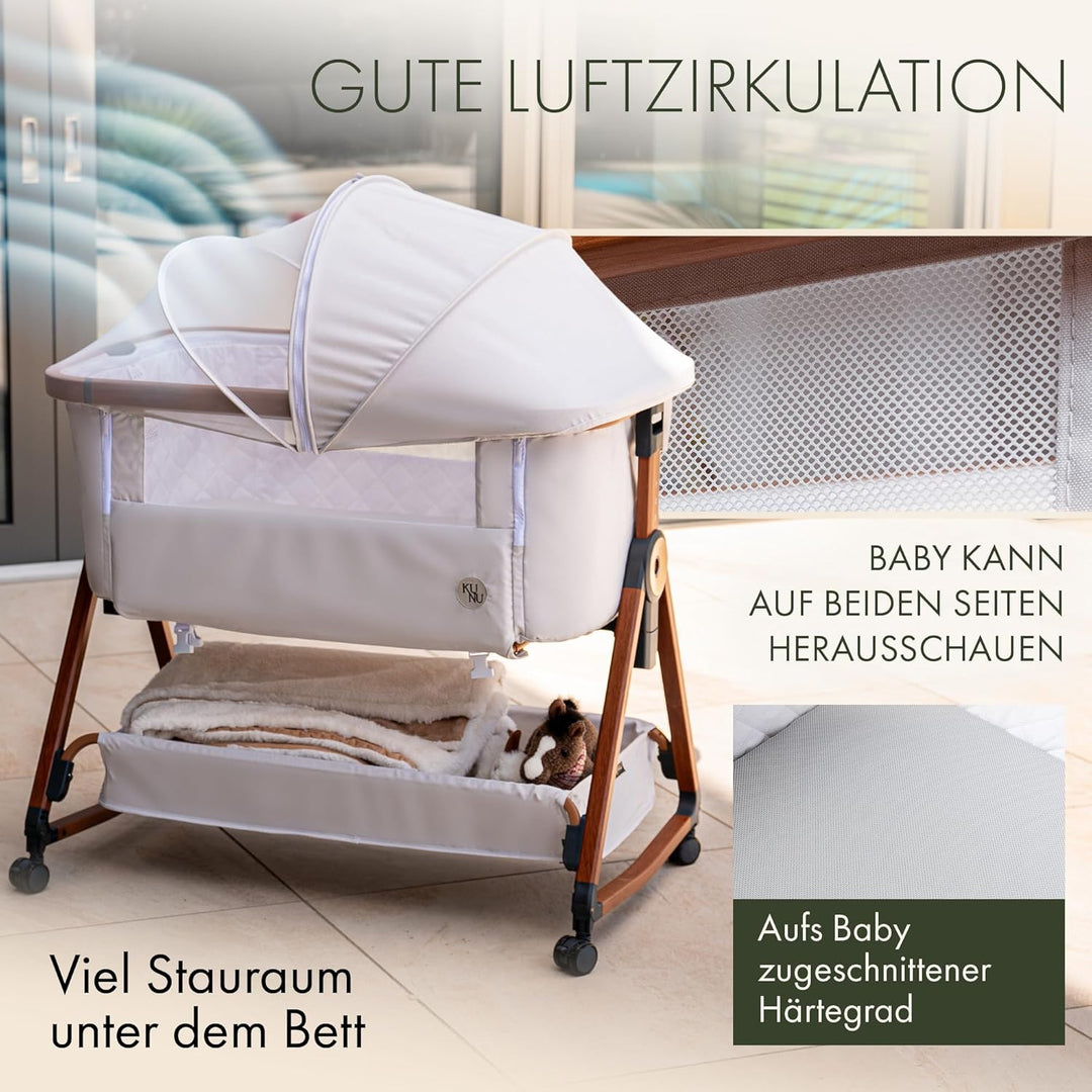 KUNU® Babybett - Beistellbett Baby mit Rollen für Boxspringbett - 3 in 1 rollbares Baby Bett Reise B