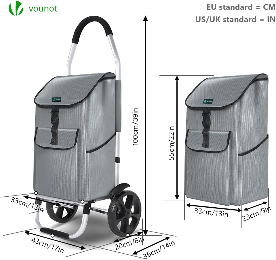 VOUNOT® Einkaufstrolley Klappbar aus Aluminium mit 58L Wasserdichter Tasche, 2 Extra grosse Räder mi