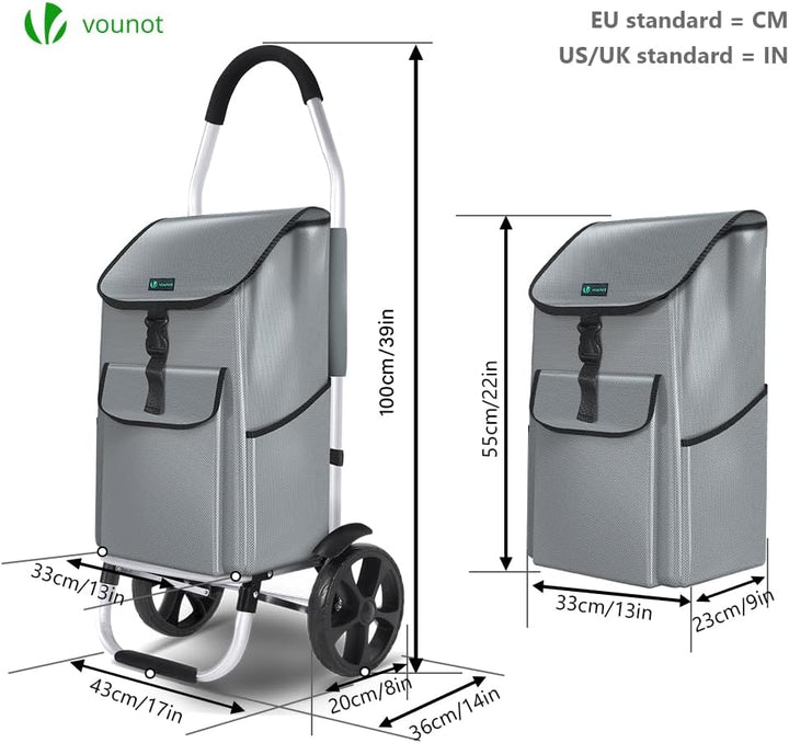 VOUNOT® Einkaufstrolley Klappbar aus Aluminium mit 58L Wasserdichter Tasche, 2 Extra grosse Räder mi