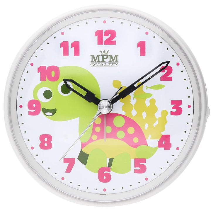 MPM Quality Design Kinder Wecker aus Kunststoff, Rosa/Weiss, Motiv Schildkröte, Quarz-Uhrwerk Sweep,