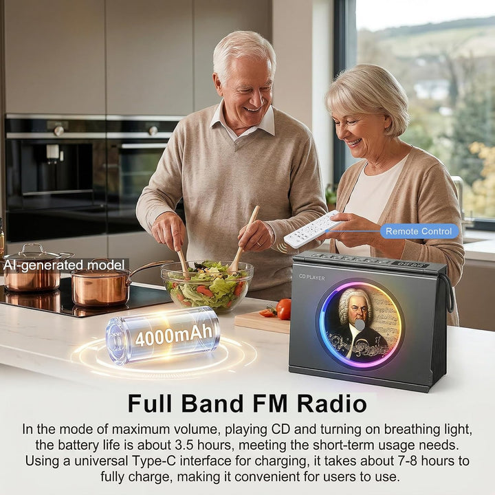 Gueray Tragbarer CD-Spieler mit Licht, Bluetooth 5.3 CD-Player mit Fernbedienung HiFi-Lautsprecher 4