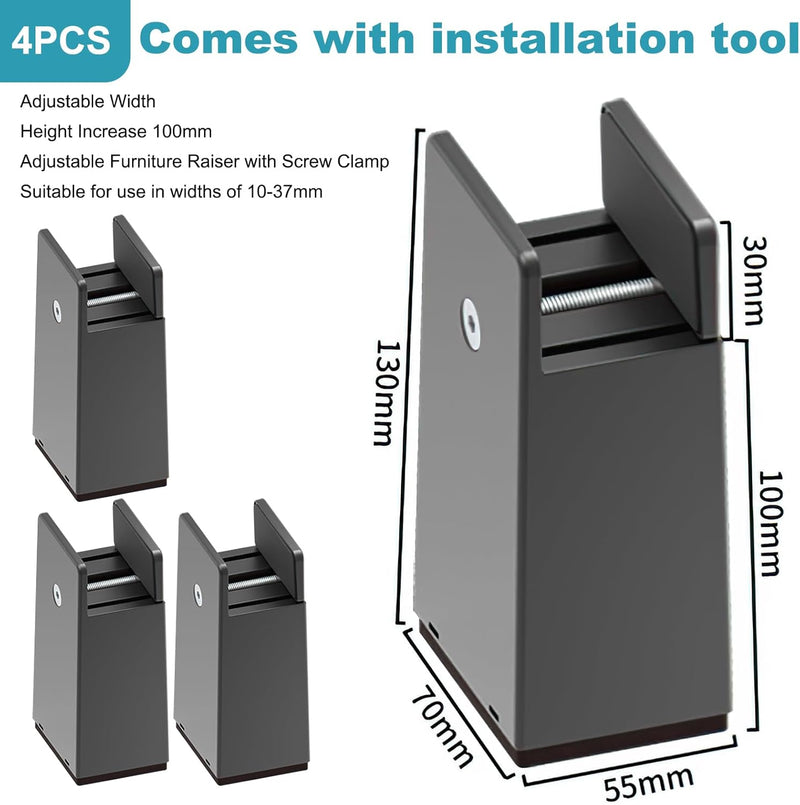 4Stück Möbelerhöhung 10cm, Verstellbare Tischerhöhung mit Schraubklemme Stuhlerhöhung Bett Erhöhung