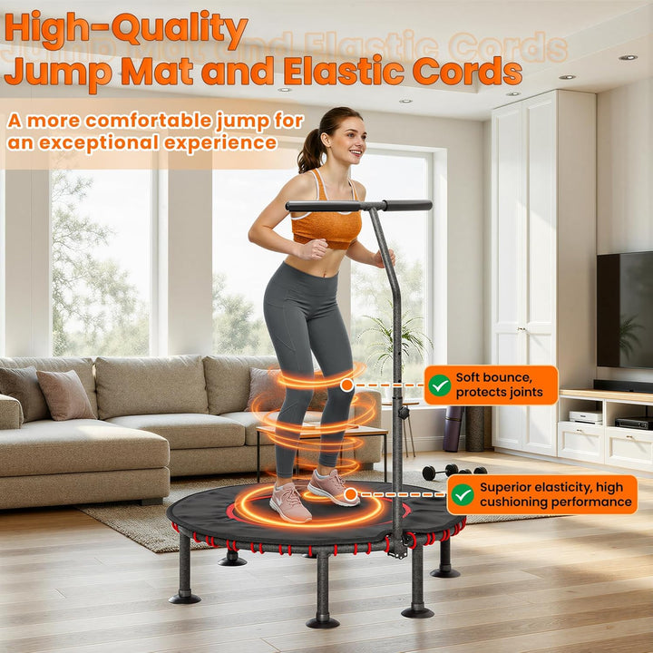 LIFERUN Fitness Trampolin Indoor | mit Randabdeckung | Bis 150kg Belastbar | 3 Verstellbare Haltegri