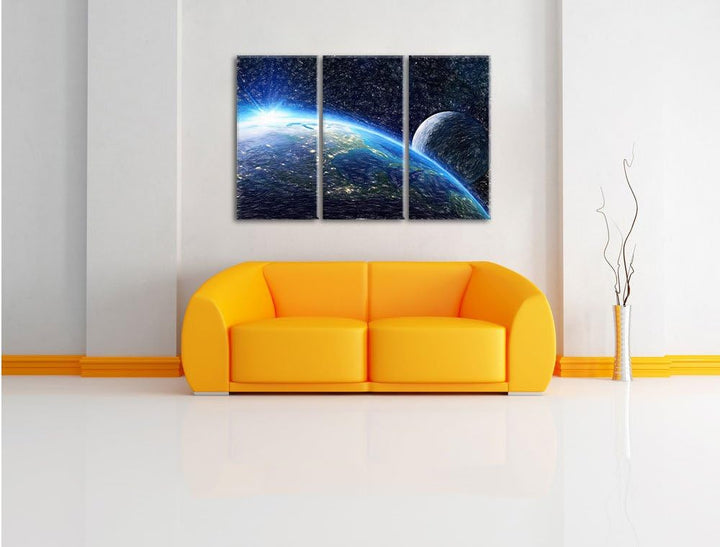 Pixxprint Die Erde und Ihr Mond aus dem All Bunstift Effekt 3-Teiler Leinwandbild 120x80 Bild auf Le