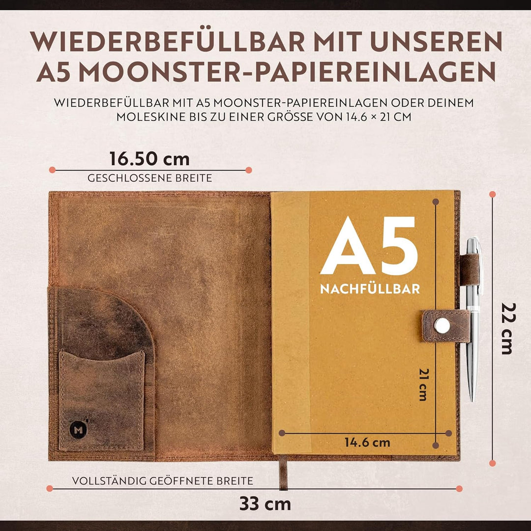 moonster Ledernotizbuch A5 Nachfüllbar – Notizbuch A5 Leder Damen mit Eingeprägtem Bibelvers Psalm 4