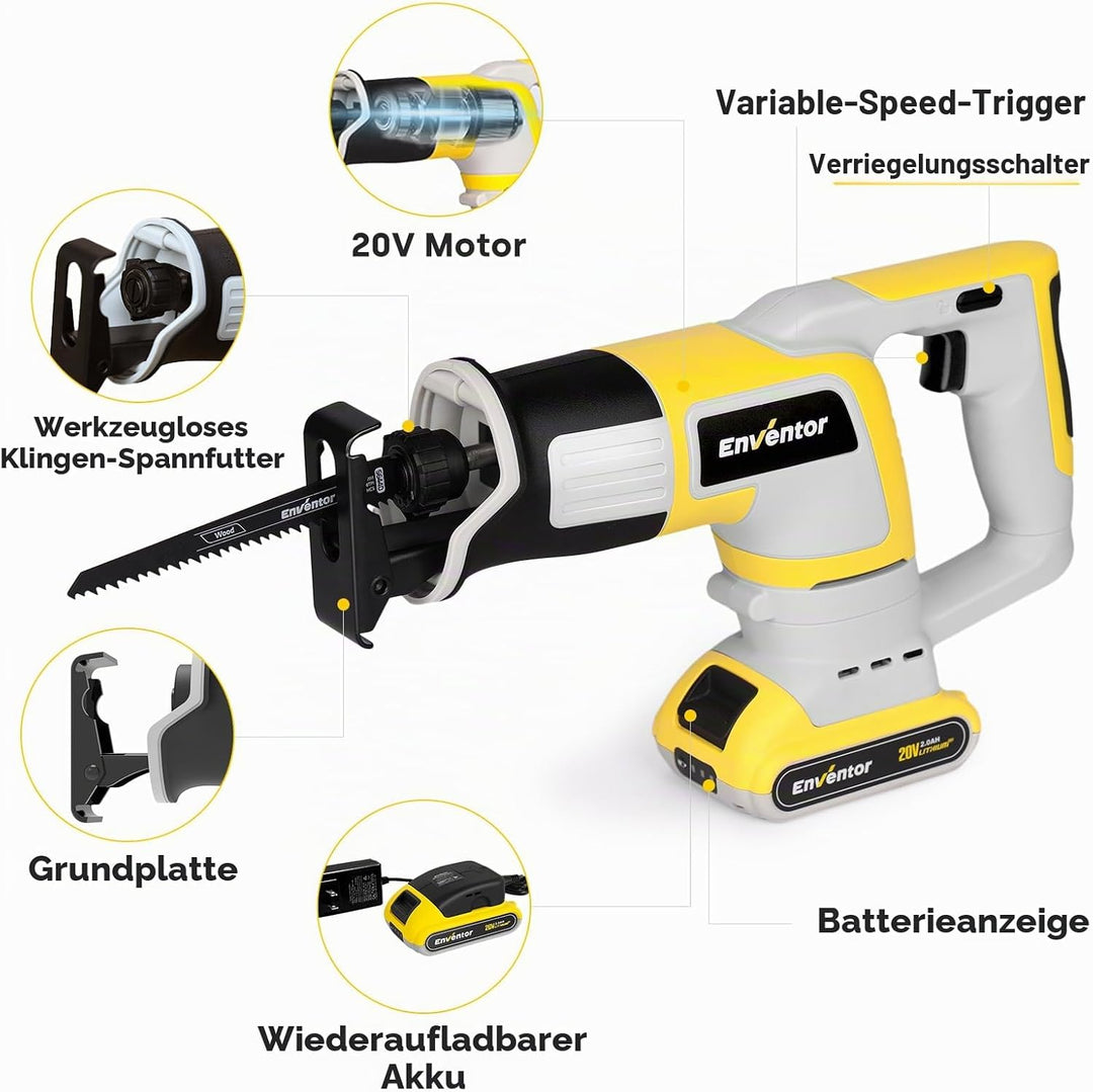 Enventor Akku Säbelsäge 20V, Universalsäge mit 2x2,0mAh Akku, Strichlänge 22mm, Variabler Drehzahl v