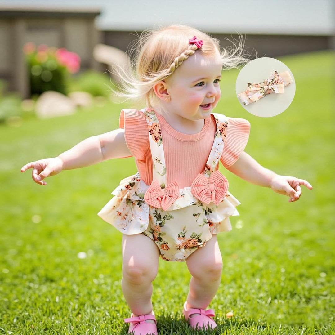 2 Stück Baby Mädchen Sommer Kleidung Outfit Blumendruck Strampler + Stirnband Kleinkinder Body Kleid