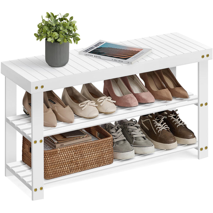 SONGMICS Schuhbank, Schuhregal mit 3 Ebenen, Schuhablage aus Bambus, bis 130 kg belastbar, 28,7 x 90