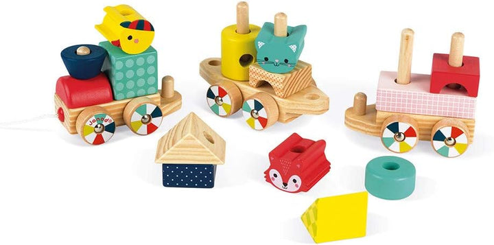 Janod - Baby Forest Holzzug, Nachziehspielzeug, mit 17 Bausteinen, zum Erlernen von Formen und Farbe