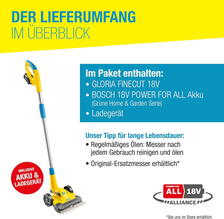 GLORIA Akku Rasen-und Kantenschneider FineCut 18V Set - Ergänzung für Mähroboter | Akku Rasenmäher/R