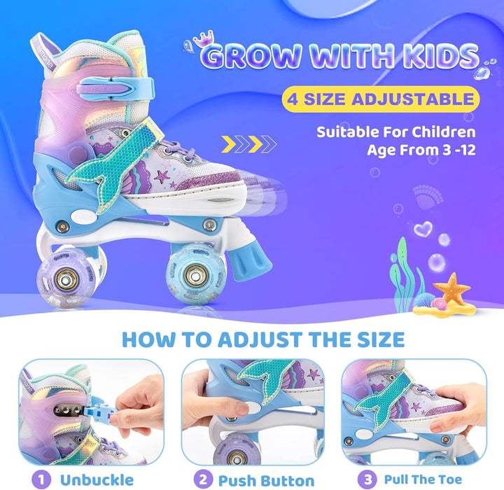 NEMONE Rollschuhe für Mädchen Kinder 4 Grössen Verstellbar Blau Violett Rollschuhe für Kinder Drinne