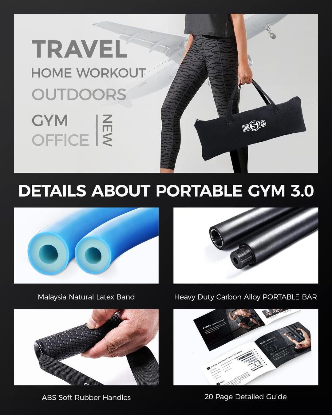 INNSTAR Portable Home Gym 3.0 Set, Verstellbares Widerstandsband mit Stange und Kniebeugen-Bändern f