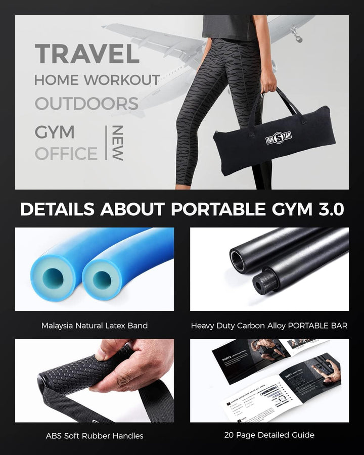 INNSTAR Portable Home Gym 3.0 Set, Verstellbares Widerstandsband mit Stange und Kniebeugen-Bändern f