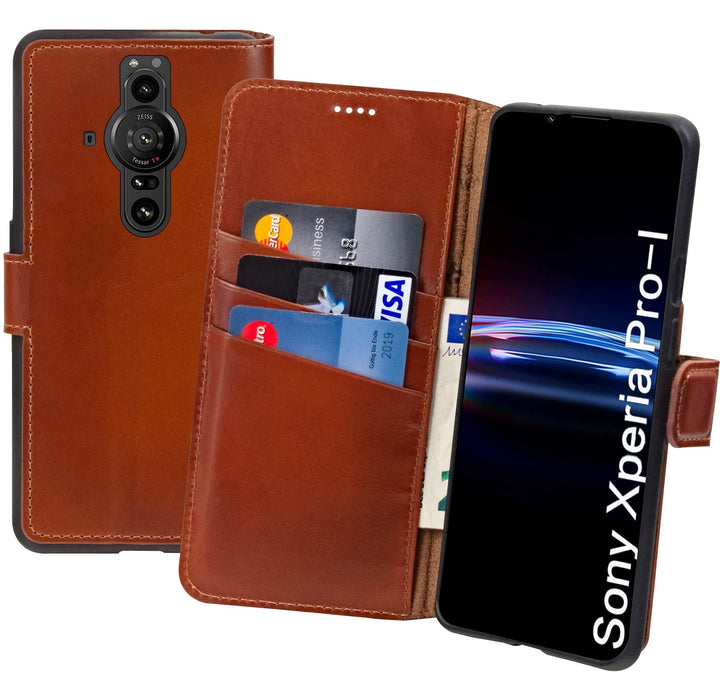 Suncase Book-Style Hülle kompatibel mit Sony Xperia Pro-I Leder Tasche (Slim-Fit) Lederhülle Handyta