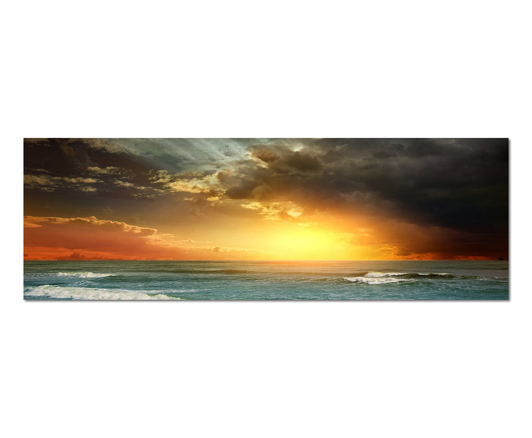 Paul Sinus Art Panoramabild auf Leinwand und Keilrahmen 150x50cm Strand Meer Wolkenhimmel Sonnenunte
