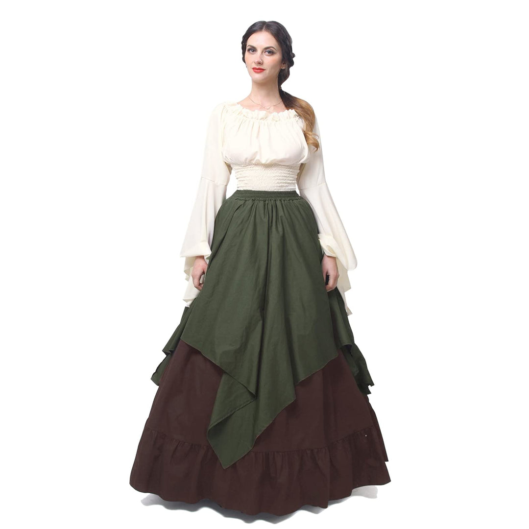 Renaissance Kleid Damen Mittelalter Kleidung Kostüme Fasching Set, Grün+braun S