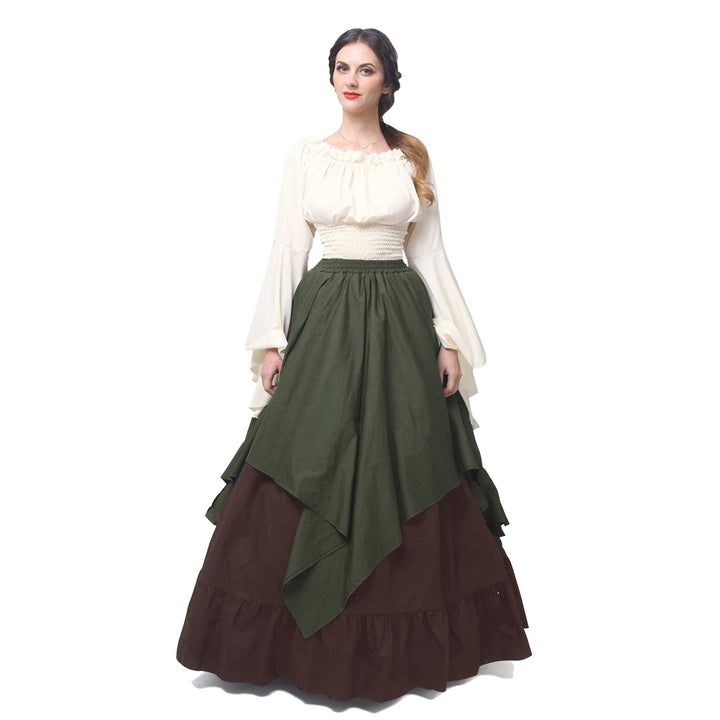 Renaissance Kleid Damen Mittelalter Kleidung Kostüme Fasching Set, Grün+braun S