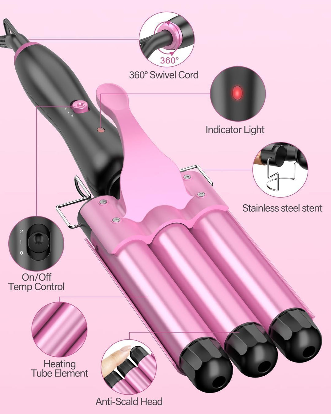 25 mm Welleneisen Haare, 3 Fässer Beach Wave Lockenstab, Keramik Lockeneisen mit 2 Temperaturen 150-