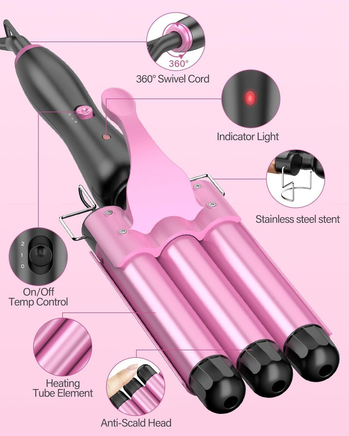 25 mm Welleneisen Haare, 3 Fässer Beach Wave Lockenstab, Keramik Lockeneisen mit 2 Temperaturen 150-