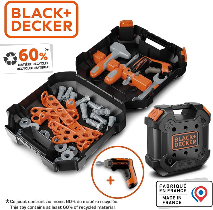 Smoby – Black+Decker Werkzeugkoffer für Kinder - 36 Zubehörteile: Werkzeuge, Akkuschrauber mit mecha