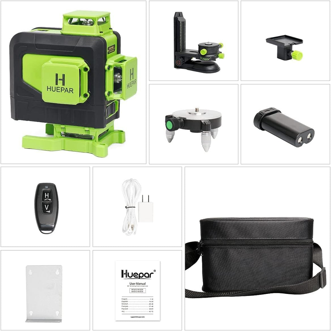 Huepar 904DG 4x360 Laserniveau Selbstnivellierend 16 Linien Grüner Strahlen 4D Kreuzlinien Fliesen B
