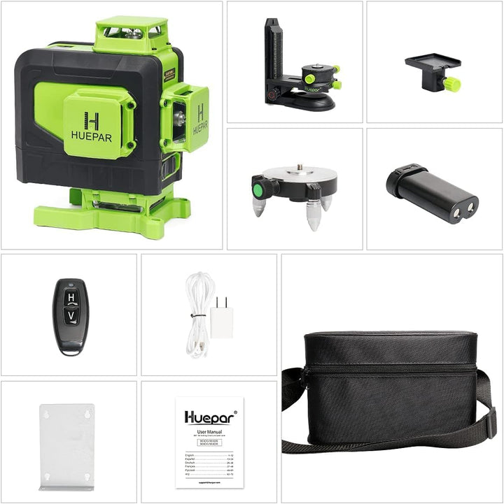 Huepar 904DG 4x360 Laserniveau Selbstnivellierend 16 Linien Grüner Strahlen 4D Kreuzlinien Fliesen B