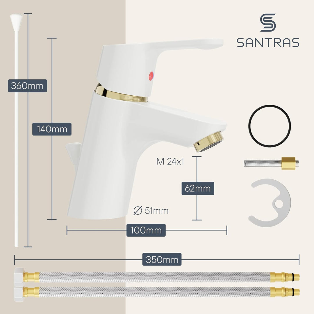 SANTRAS® Waschtischarmatur Bad in Weiss (RAL 9003)/ Gold mit Zugstange & Exzenter Ablaufgarnitur – E
