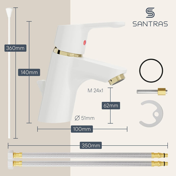 SANTRAS® Waschtischarmatur Bad in Weiss (RAL 9003)/ Gold mit Zugstange & Exzenter Ablaufgarnitur – E