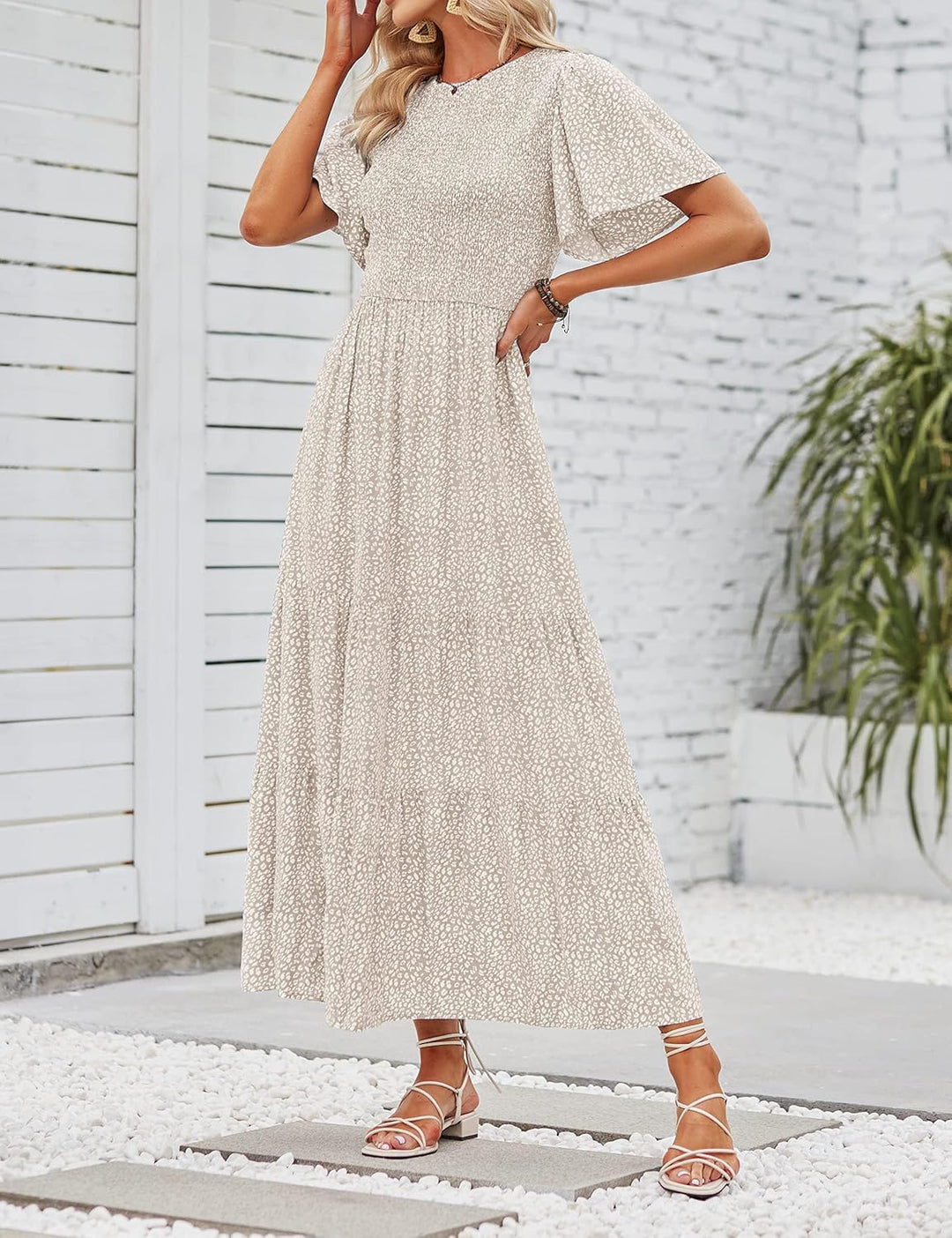 ZESICA Damen 2023 Sommer Casual Blumendruck Kurze Flatterärmel Rundhalsausschnitt Gesmokt Hohe Taill