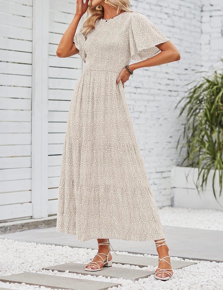 ZESICA Damen 2023 Sommer Casual Blumendruck Kurze Flatterärmel Rundhalsausschnitt Gesmokt Hohe Taill