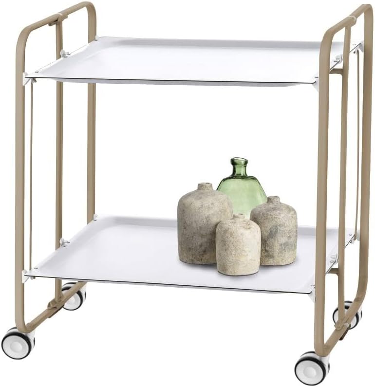 DON HIERRO - Servierwagen Sandfarbe, klappbar, 2 Böden. Rollwagen Bauhaus-Weiss 66 x 43 x 72 cm. Bia