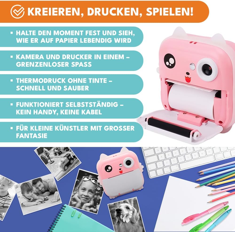 Mini Sofortbildkamera mit Drucker für Kinder – 2in1 Digitalkamera & Fotodrucker - Bluetooth, Spiele,