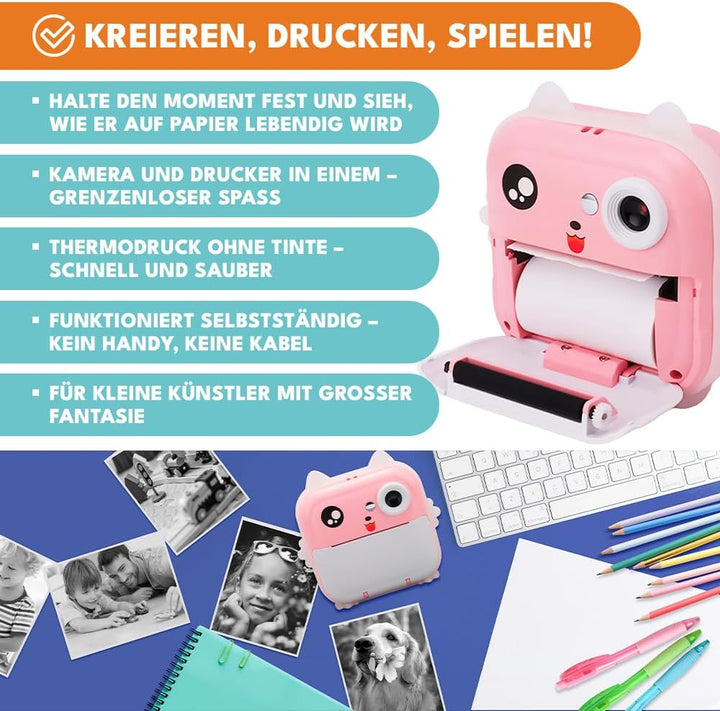 Mini Sofortbildkamera mit Drucker für Kinder – 2in1 Digitalkamera & Fotodrucker - Bluetooth, Spiele,