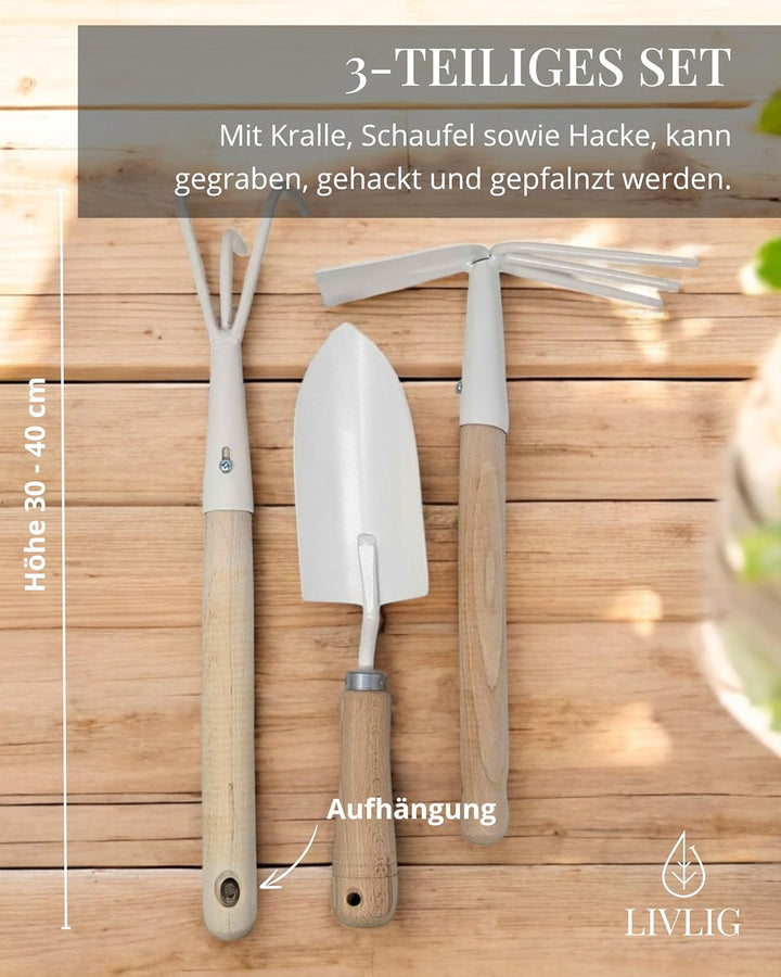 LIVLIG Gartenwerkzeug Set 3-teilig, hochwertige Gartengeräte aus Stahl & Eichenholz Made in Europa,
