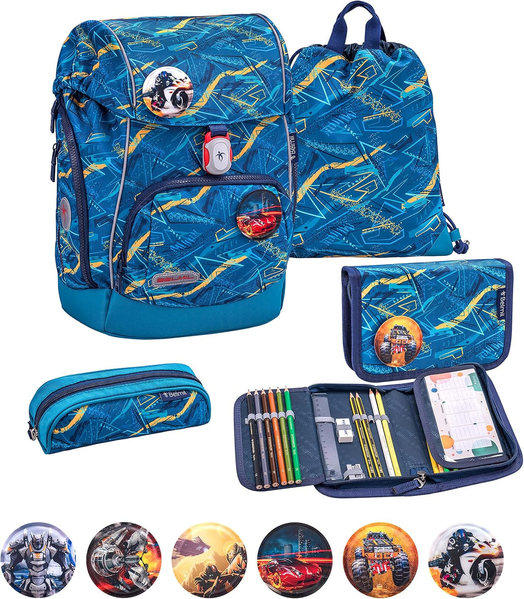 Belmil Premium Comfy Plus Schulranzen Set 5-teilig Für kleine Kinder, Erstklässler mit Patch Set 6 S