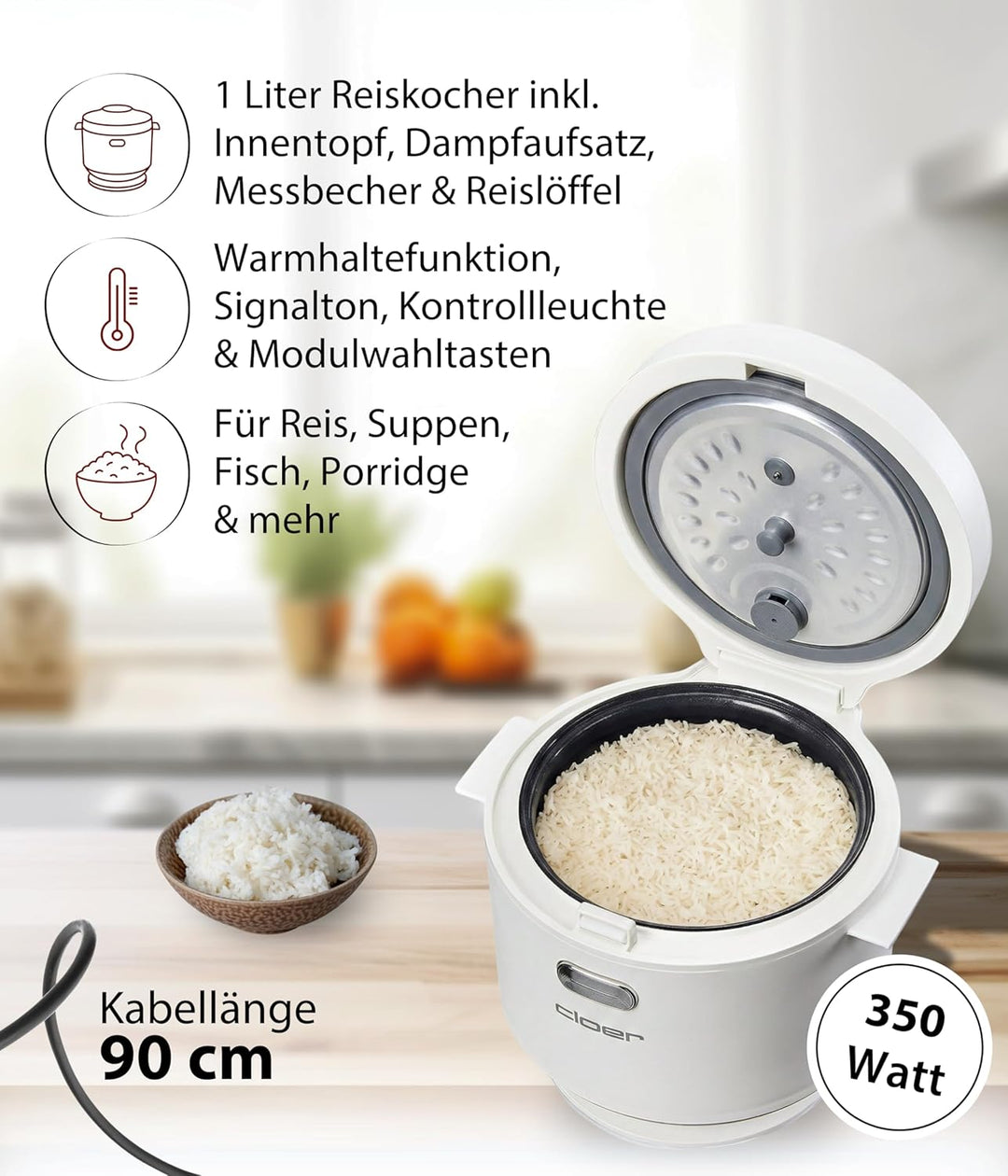 Cloer 6831 Reiskocher mit 1 l Fassungsvermögen, inkl. Dampfaufsatz & spülmaschinengeeignetem Innento