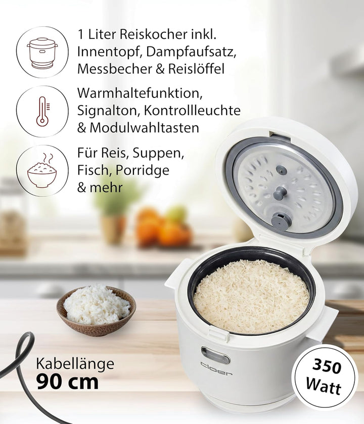 Cloer 6831 Reiskocher mit 1 l Fassungsvermögen, inkl. Dampfaufsatz & spülmaschinengeeignetem Innento